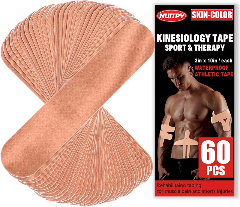 NUITPY 60PCS Precut Kinesiology Tape Strips, 2 inch x 10 inch Athletic Tape, Kinetic Tape, Elastic Muscle Tape, Sports Tape, Knee Tape for Exercise and Daily Use - Skin Color - Image 1